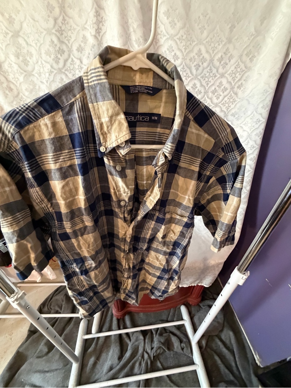 Nautica Men's Navy and Tan Plaid Short-Sleeve Button-Down Shirt